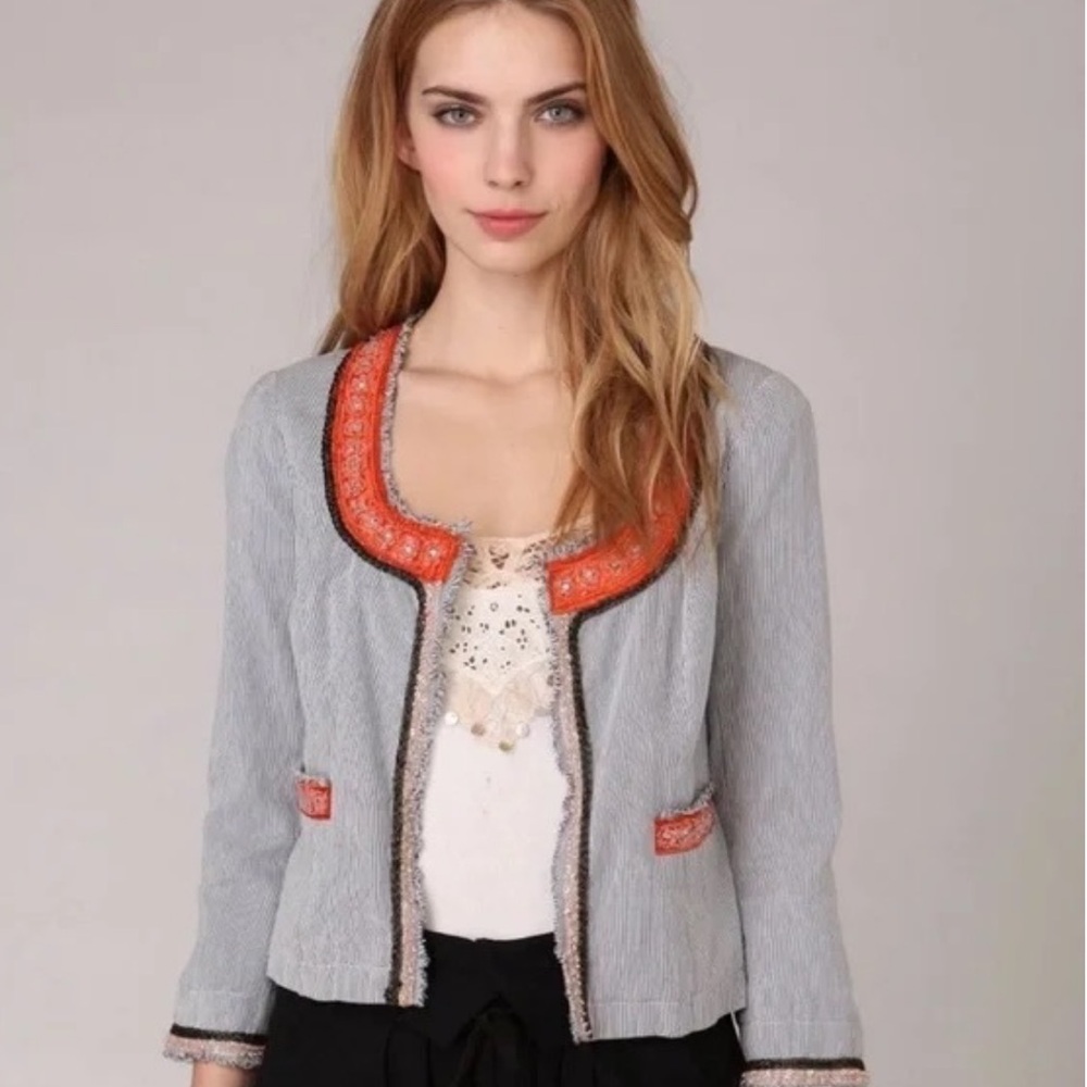 Free People gray and Orange My Fair Lady Pinstriped Cropped Blazer Jacket Size 4